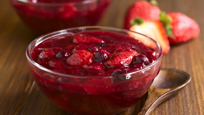 red fruit pudding in juice