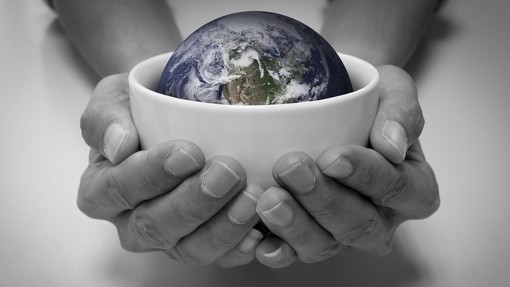 Earth sits in a white bowl that is being held in someones hands