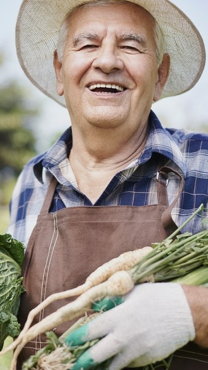 Farmer smiling holding a cabbage and parsnips