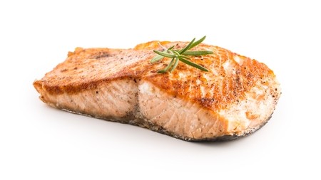 a slice of cooked salmon (fish)